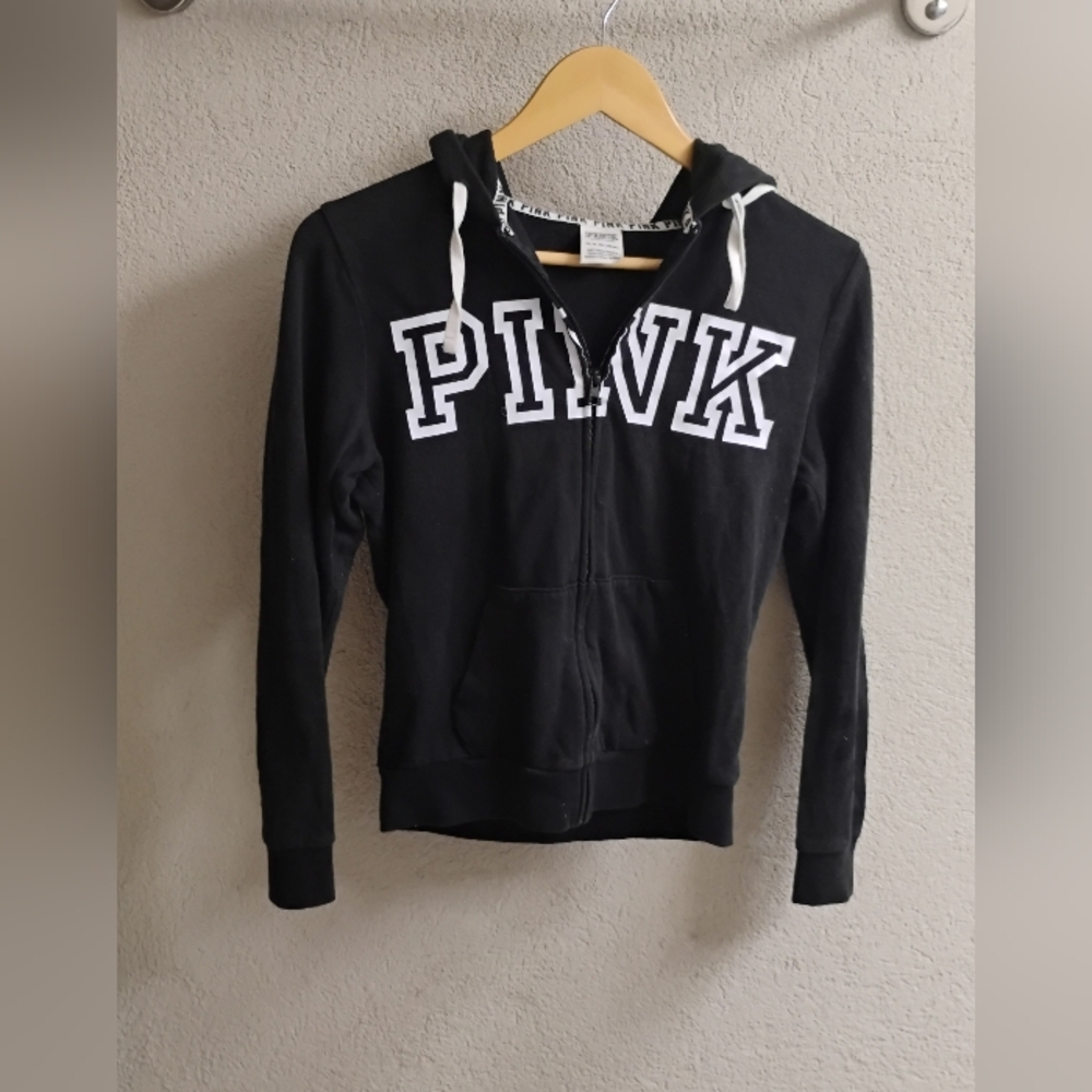 Victoria's Secret Pink Logo Front Full Zip Black White Drawstring Hoodie Sz XS